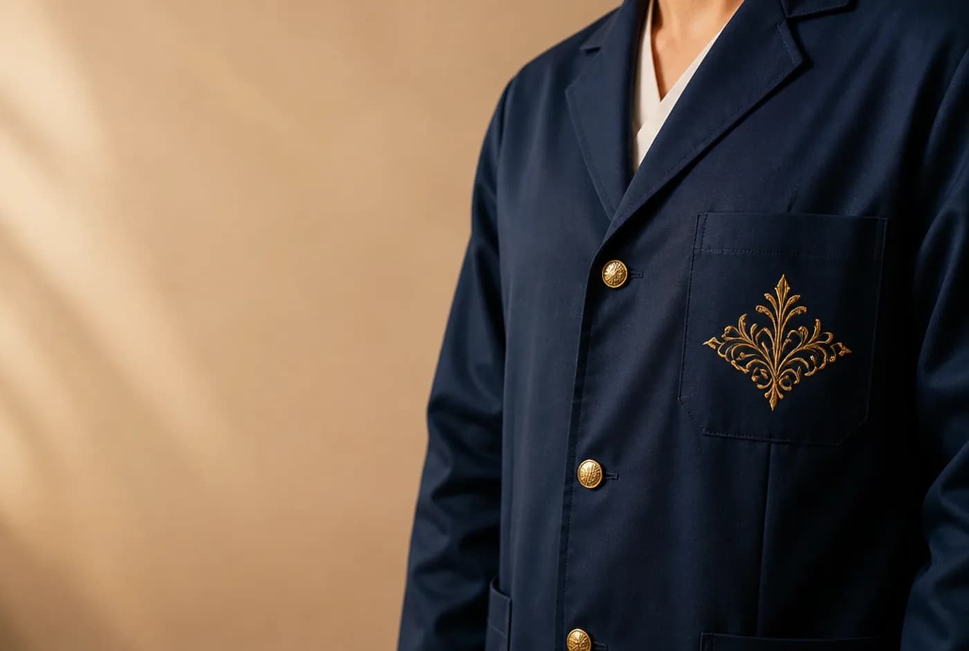 Jaleco azul-marinho com bordado dourado no bolso do peito e botões dourados